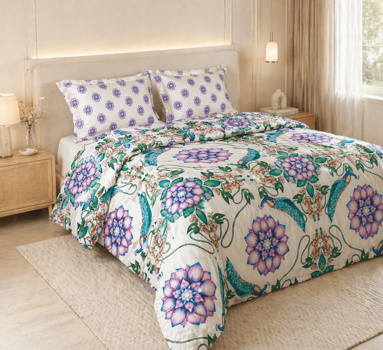 Reysha Digital Print Colour Premium Cotton Bedsheet- Japiur's Peacock Meadow ( Thread Count 400 )