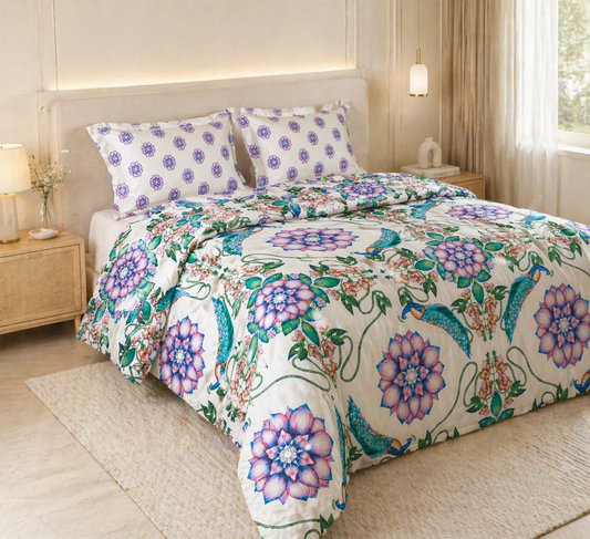 Reysha Digital Print Colour Premium Cotton Bedsheet- Japiur's Peacock Meadow ( Thread Count 400 )