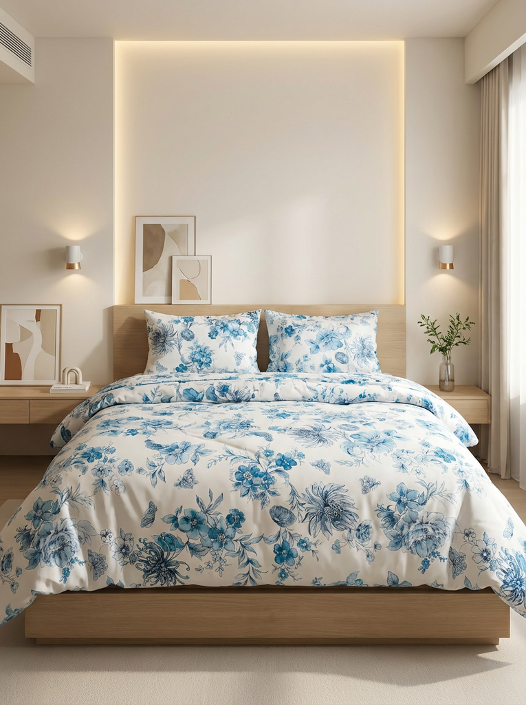 Reysha Digital Print Colour Premium Cotton Bedsheet - Fleurs De Paris (Blue Jardin) | ( Thread Count 400 )
