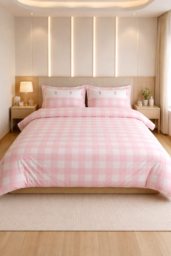 Reysha Digital Print Colour Premium Cotton Bedsheet - Gingham Pink Garden Bliss ( Thread Count 300 )