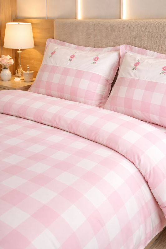Reysha Digital Print Colour Premium Cotton Bedsheet - Gingham Pink Garden Bliss ( Thread Count 300 )