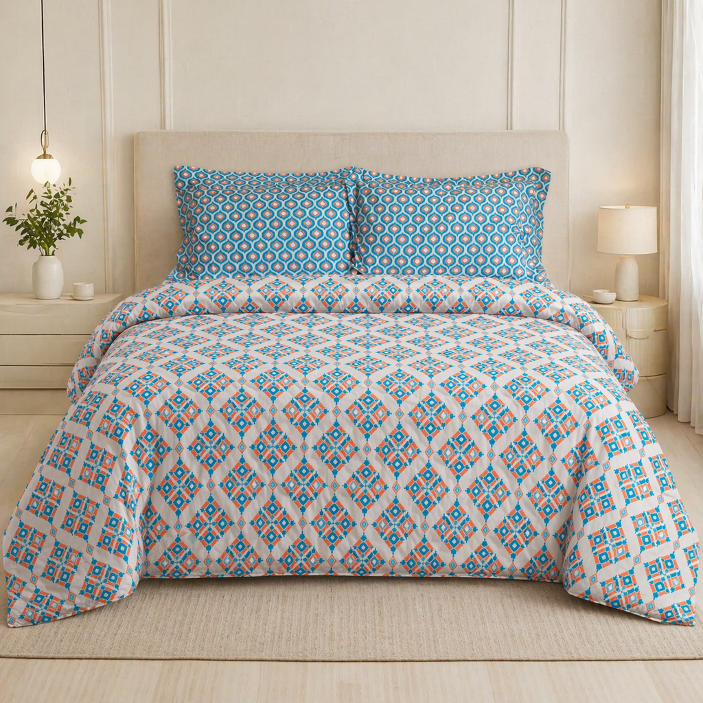 Reysha Digital Print Colour Premium Cotton Bedsheet - Indonesian Ikkat Essence ( Thread Count 300 )