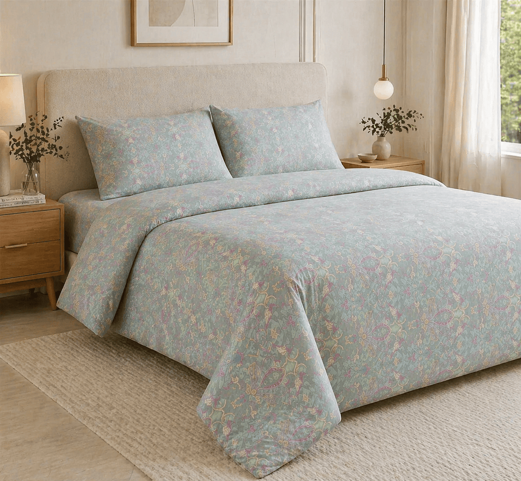 Reysha Digital Print Colour Premium Cotton Bedsheet - Paisley Sage ( Thread Count 400 )