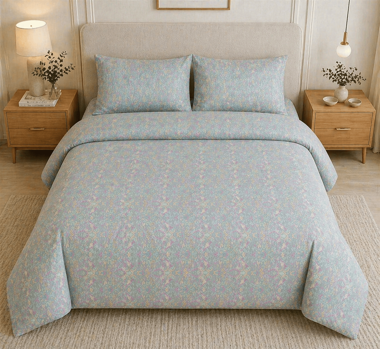 Reysha Digital Print Colour Premium Cotton Bedsheet - Paisley Sage ( Thread Count 400 )