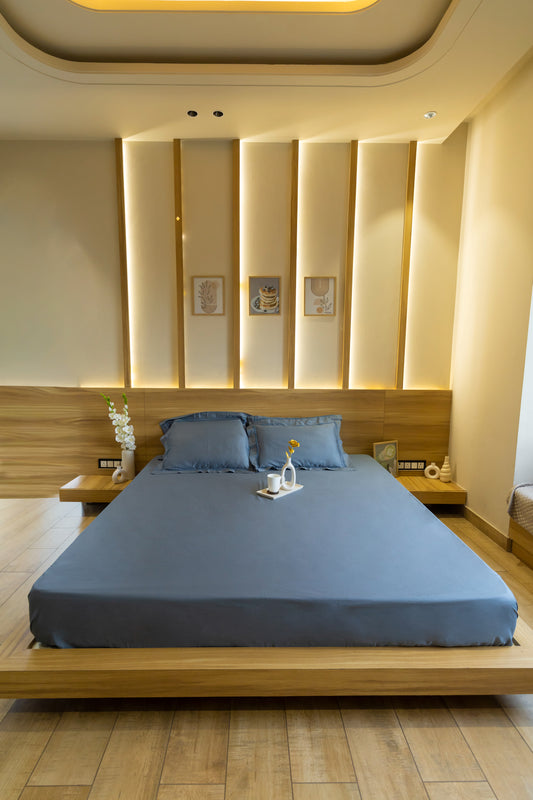 Reysha Solid Colour Premium Cotton Bedsheet - Midnight Blue ( Thread Count 300 )