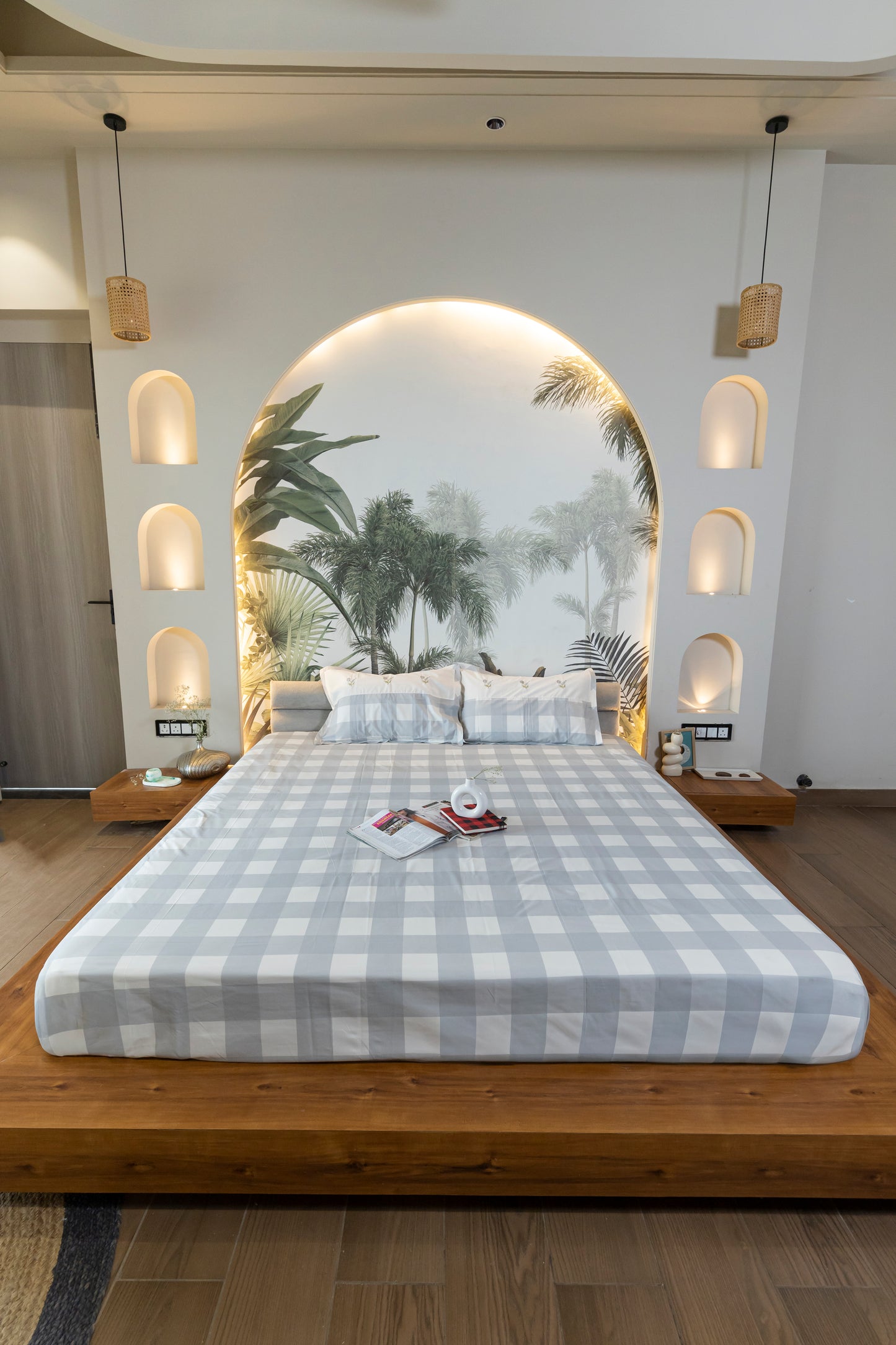 Reysha Digital Print Colour Premium Cotton Bedsheet - Gingham Grey Garden Bliss ( Thread Count 300 )