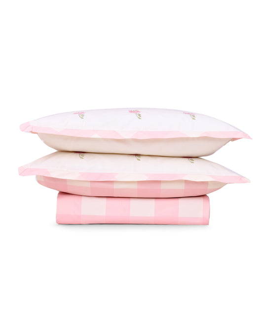 Reysha Digital Print Colour Premium Cotton Bedsheet - Gingham Pink Garden Bliss ( Thread Count 300 )