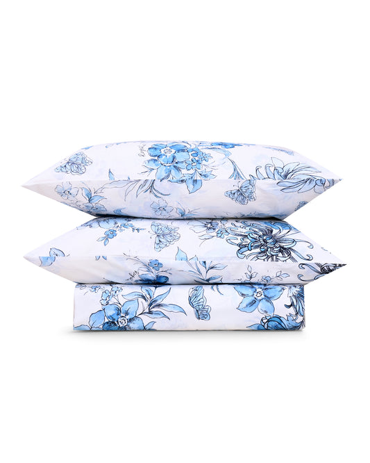 Reysha Digital Print Colour Premium Cotton Bedsheet - Fleurs De Paris (Blue Jardin) | ( Thread Count 400 )