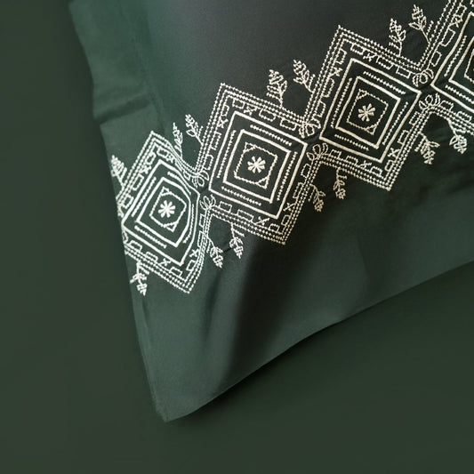 Reysha Embroidery Cotton Bedsheet- Leafy Lattice Forest Green 400 TC