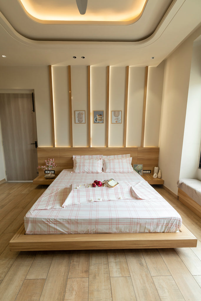 Reysha Digital Print Colour Premium Cotton Bedsheet - Scandi Blush Checks ( Thread Count 300 )