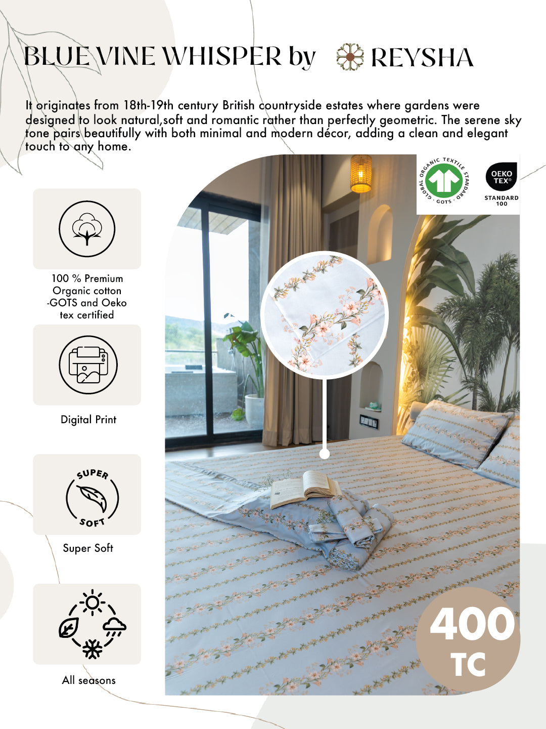 Reysha Digital Print Colour Premium Cotton Bedsheet - Blue Vine Whisper ( Thread Count 300 )