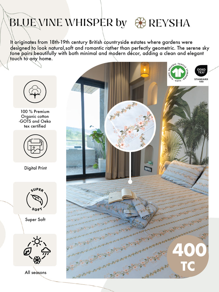 Reysha Digital Print Colour Premium Cotton Bedsheet - Blue Vine Whisper ( Thread Count 300 )