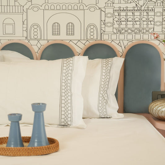 Reysha Embroidery Cotton Bedsheet- Linear Lux pearl white 400 TC