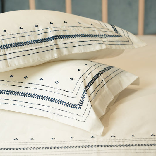 Reysha Embroidery Cotton Bedsheet- Midnight Minimal pearl white 400 TC