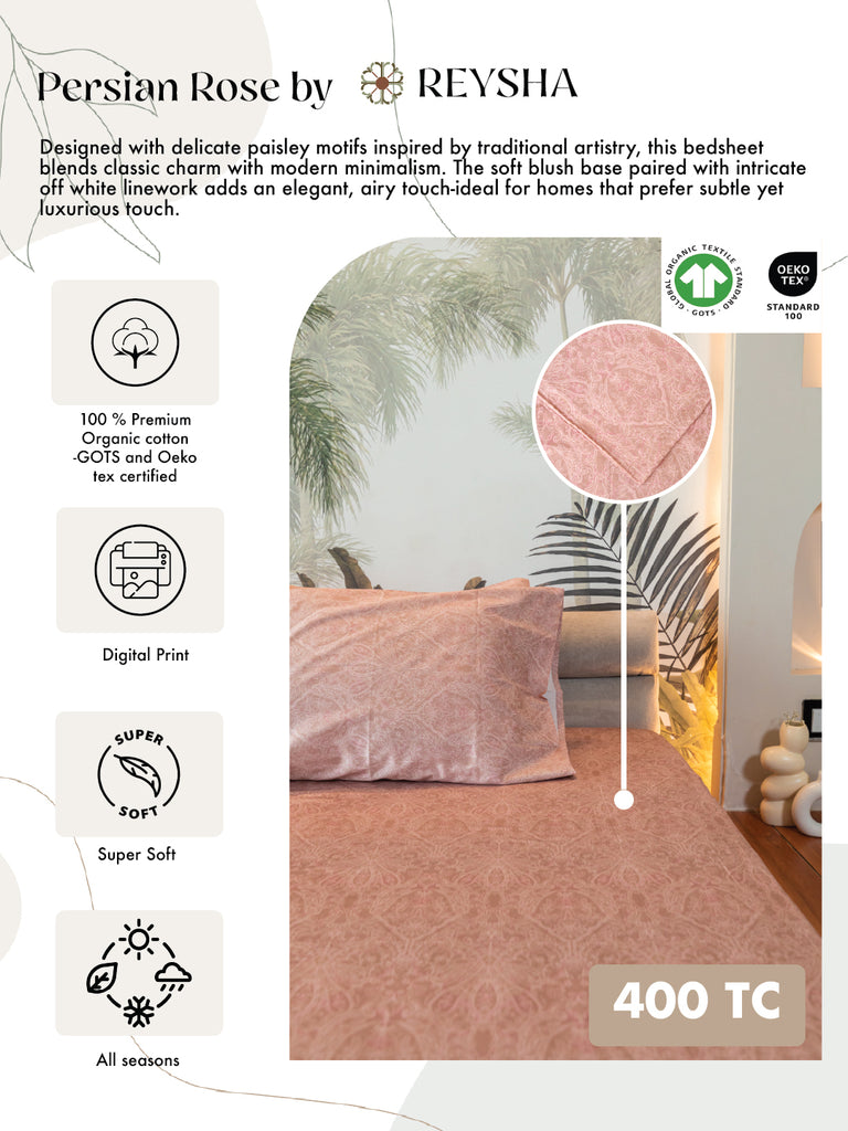 Reysha Digital Print Colour Premium Cotton Bedsheet - Paisley Rose ( Thread Count 400 )
