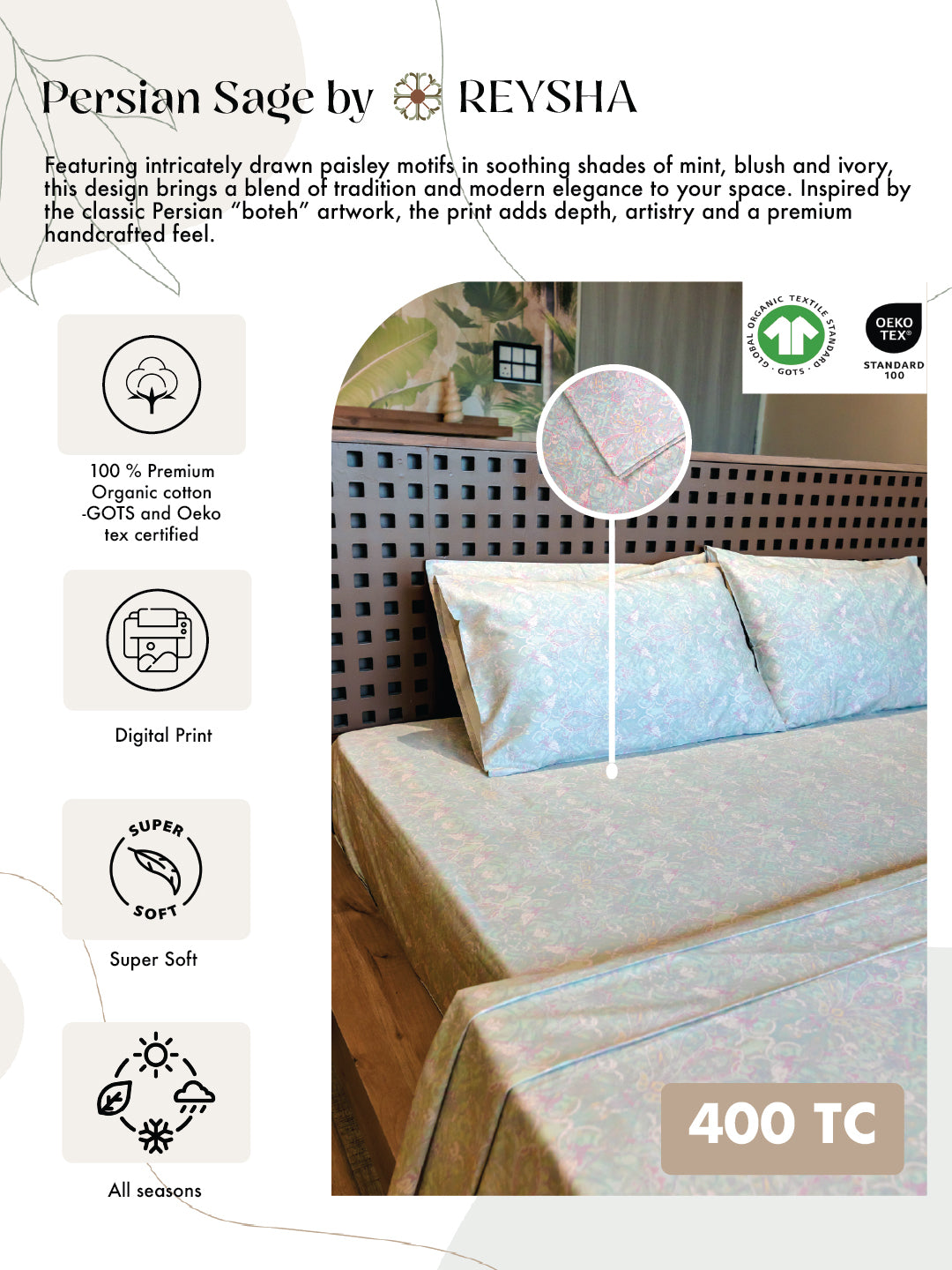 Reysha Digital Print Colour Premium Cotton Bedsheet - Paisley Sage ( Thread Count 400 )