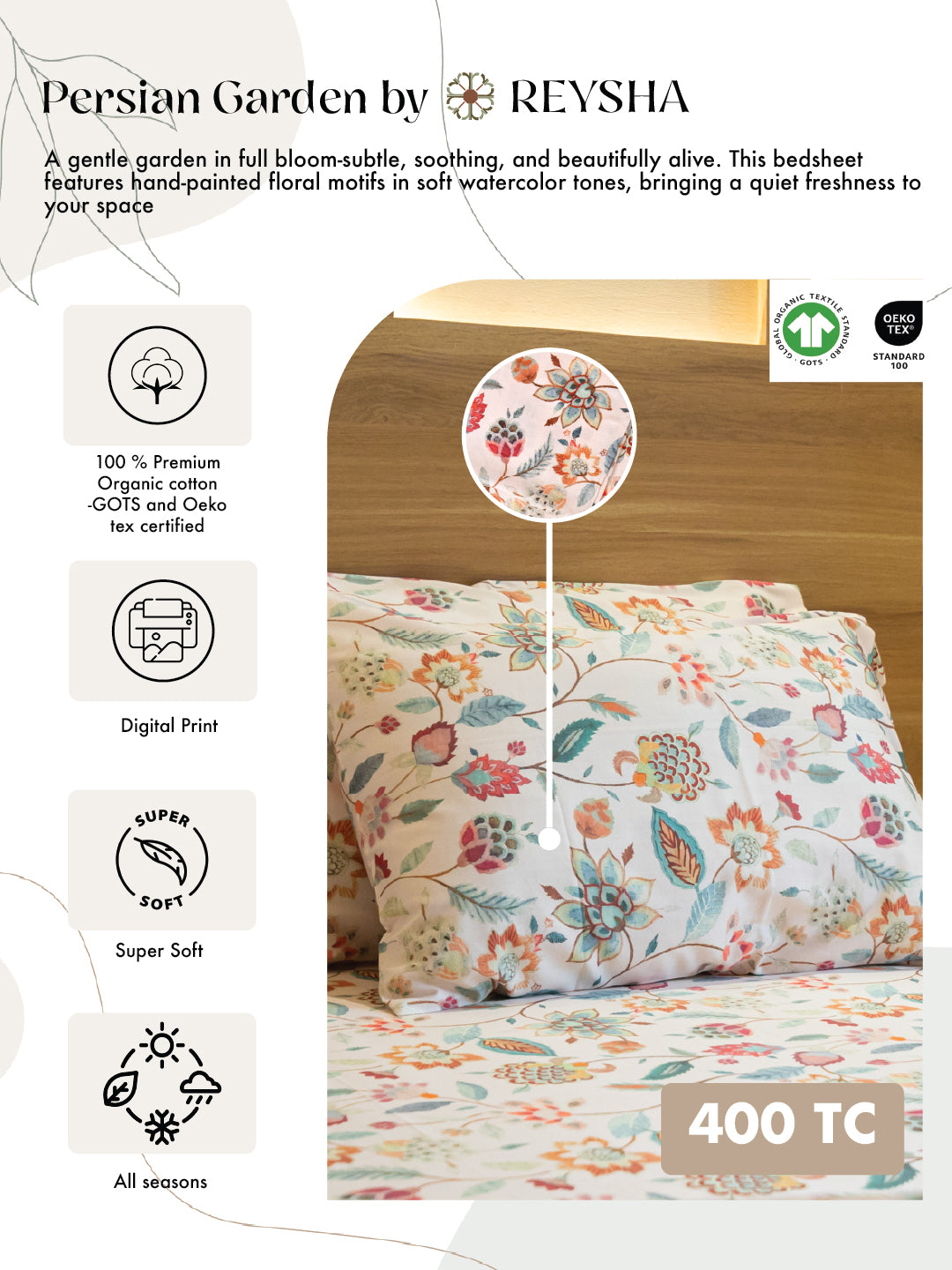 Reysha Digital Print Colour Premium Cotton Bedsheet - Persian Garden ( Thread Count 400 )